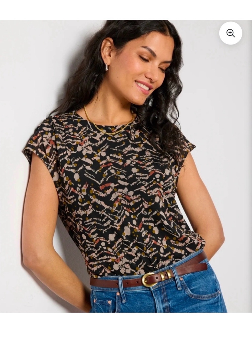 Evereve Black Abstract Floral Cap Sleeve Top with Cream, Pink & Olive Accents